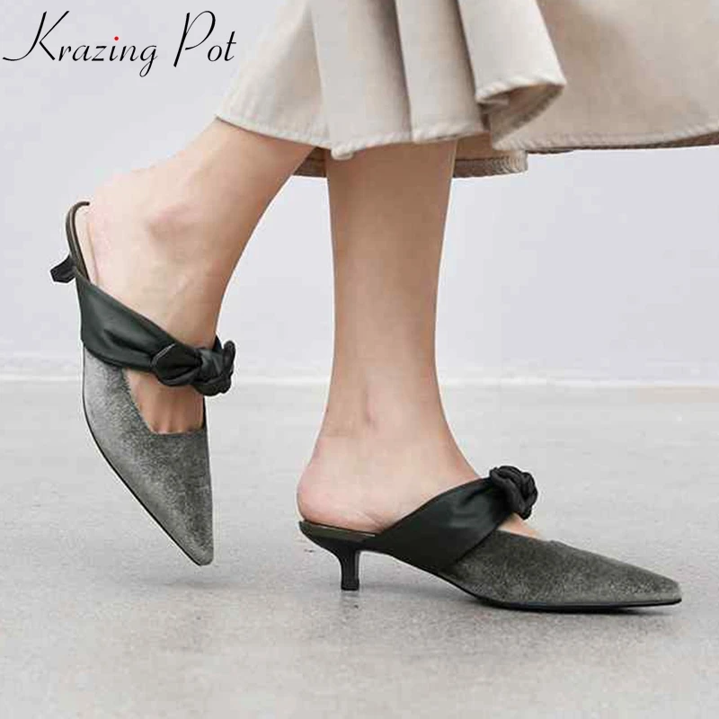 

Krazing pot mules velvet shoes stiletto med heels bowtie decoration sweety lady pointed toe slip on big size 43 42 41 pumps L13