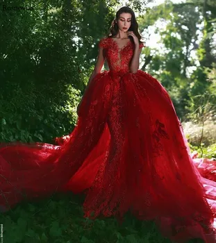 

Red Mermaid Wedding Dresses 2019 Illusion Body V Neck Overskirts Long Train Lace Appliques Beaded Modern Luxury Bridal Gowns