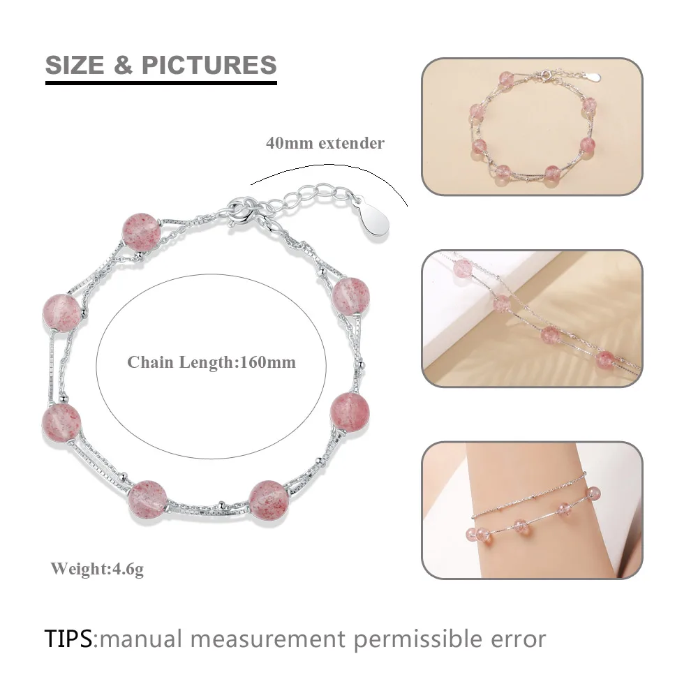 SA SILVERAGE, 925 пробы, серебряный, клубничный кристалл, цепочка, браслеты, браслеты для женщин, два слоя, круглый шар, обёрточная бумага, браслеты