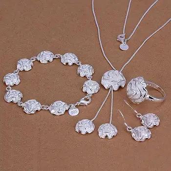 

925 Stamped Jewelry Sets Silver Plated Rose Necklace+Bracelet+Earring+Ring Women Bridal Jewelry for Party Wedding Bead Set