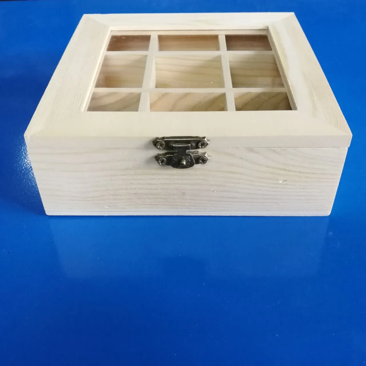 JX-LCLYL New 9 Compartments Vintage Wooden Jewelry Box Glass Top Storage Container Gift