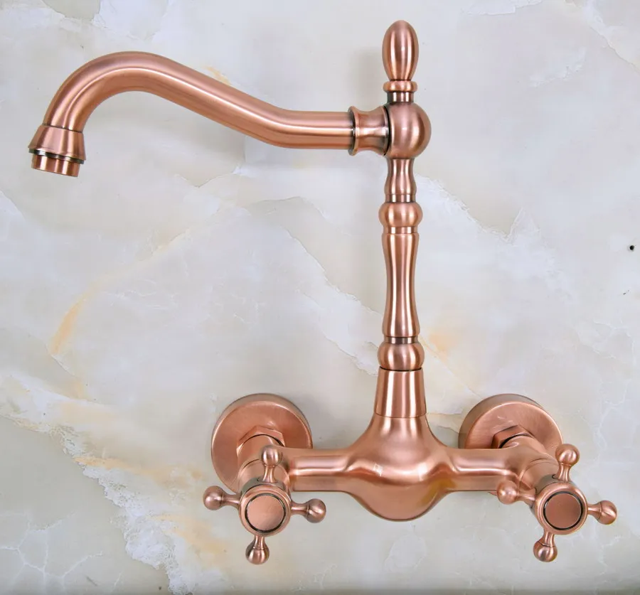 Antique Red Copper Brass Wall Mounted Bathroom Kitchen Sink Faucet Swivel Spout Mixer Tap Double Cross Handles Levers anf944