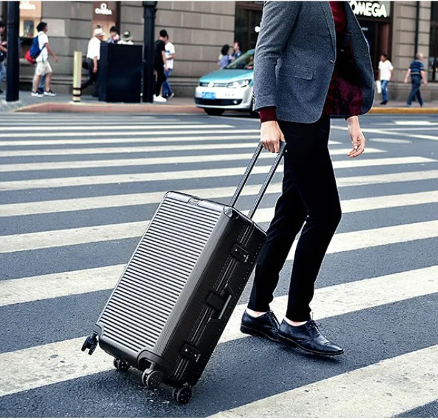 Алюминиевая рама+ PC чемодан на колесиках, Дорожный чемодан с колесом, мужской чемодан на колесиках, Женская многоколесная переноска, 2" 24" 2" 29" коробка - Цвет: Черный