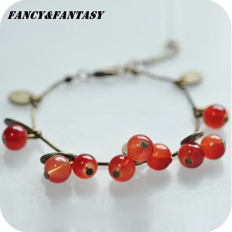 

Fancy&Fantasy Hot New Fashion Vintage Sweet Cute Red Cherry Charm Chain Bracelet & Bangle for Women Jewelry Gift Ethnic pulseras