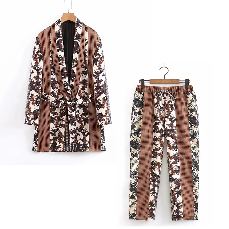 

Women's suits 2019 autumn new retro stitching printing long-sleeved long suit jacket casual trousers two-piece suit