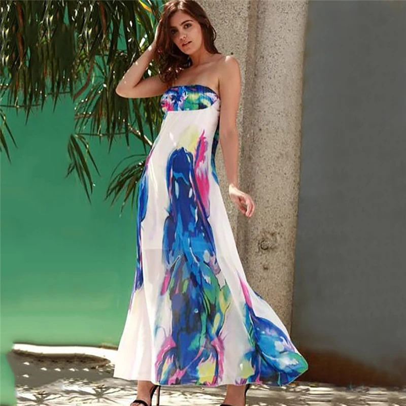 

Summer Womens Dress Sexy Holiday Printing Chiffon Elegant Tube Top Maxi Vintage Dress For Women 40z