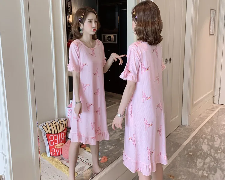 Повседневные полосатые тонкие ночные рубашки с коротким рукавом для женщин 2019 летняя свободная Пижама Femme домашнее платье ночная рубашка