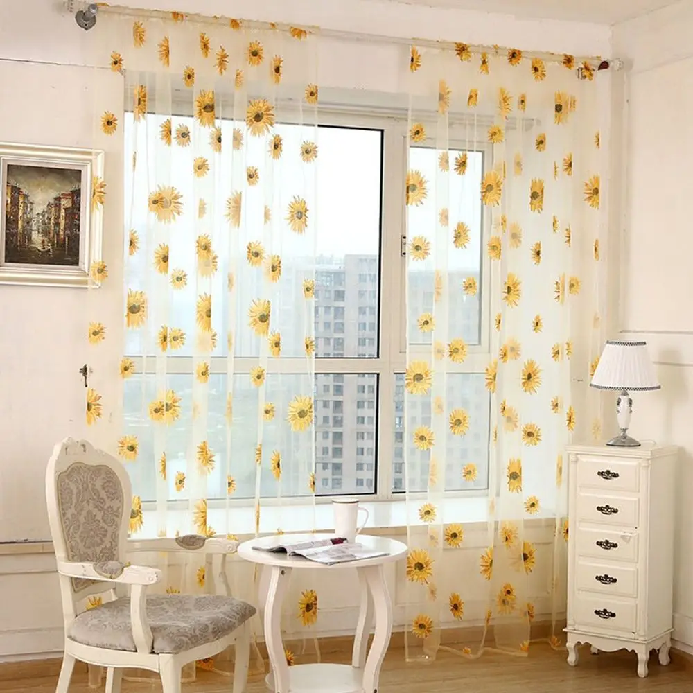 

1PC Tulle Sunflower Pattern Curtain Home Decorations Voile Kitchen Balcony Room Floral Window Blind Screening Curtain
