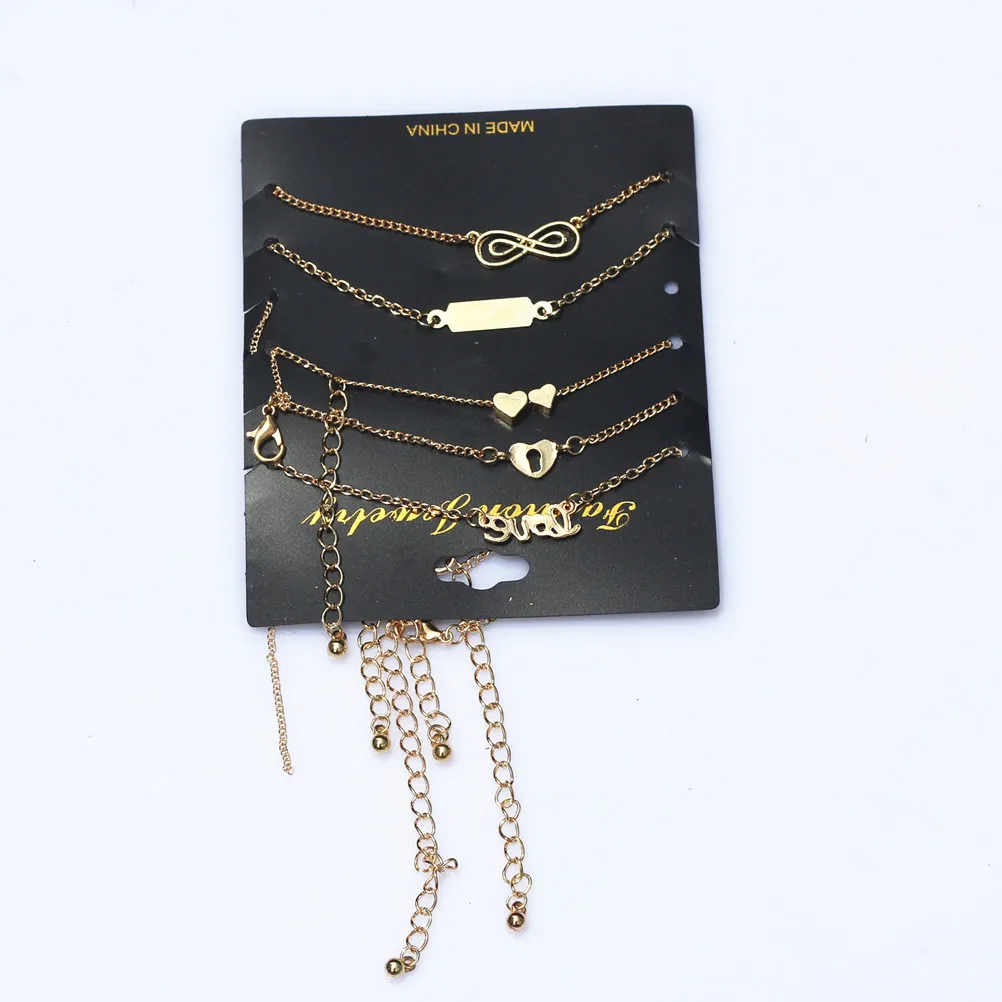 

M MISM 1 Set= 6 Pcs Long Metal Anklets Shining Chain Heart Bow-Knot Shaped Anklet For WomenFoot Chian