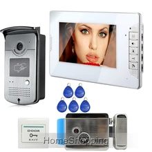 FREE SHIPPING Wired 7″ Color Video Intercom Door Phone System 1 White Monitor + 1 HD 700TVL RFID Camera + Electric Lock In Stock