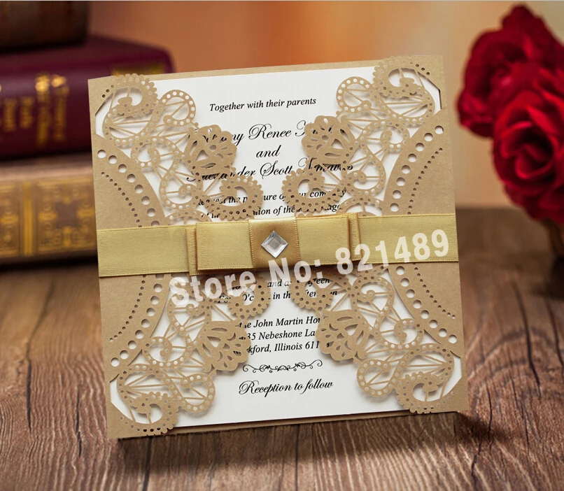  Golden and White Ribbon Wedding Invitation Cards; Royal Gold Laser Cut Wedding Invitation Cards - S - 32426416509