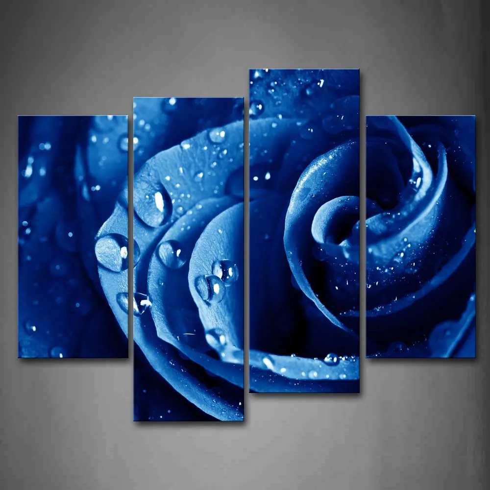 

4 Pics Framed Wall Art Picture Blue Rose Waterdrops Canvas Print Flower Posters With Wooden Frames For Home Office Decor