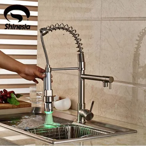 

Brushed Nickel LED Spout Spring Kitchen Faucet Single Handle Hole Vessel Sink Mixer Tap Hot and Cold Water Deck Mount