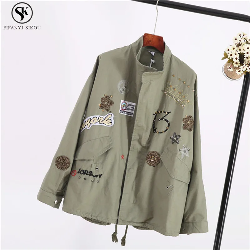 

2018 Spring Women Jacket coat Badge Patch Rivet Tooling Windbreaker Jackets Loose Plus size M-XL Female Fashion Tide Coats LGP64