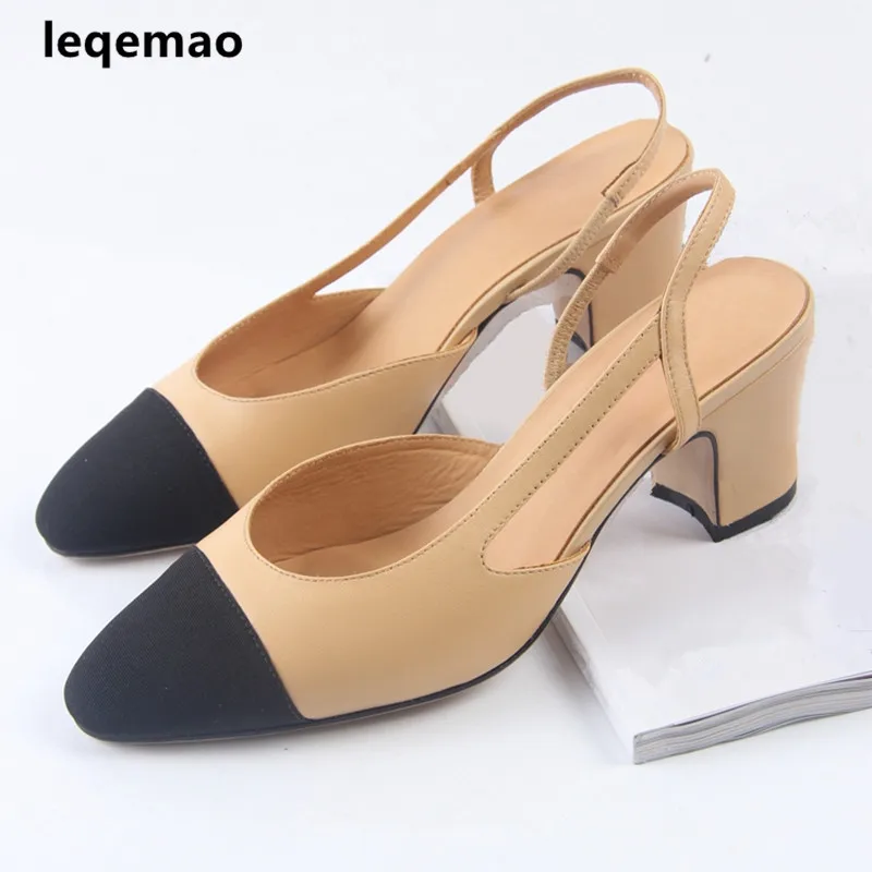 Beige Black Leather Gladiator Sandals Summer Office High Heels Shoes Woman Back Strap Pumps Casual Women Shoes Plus Size 35-41