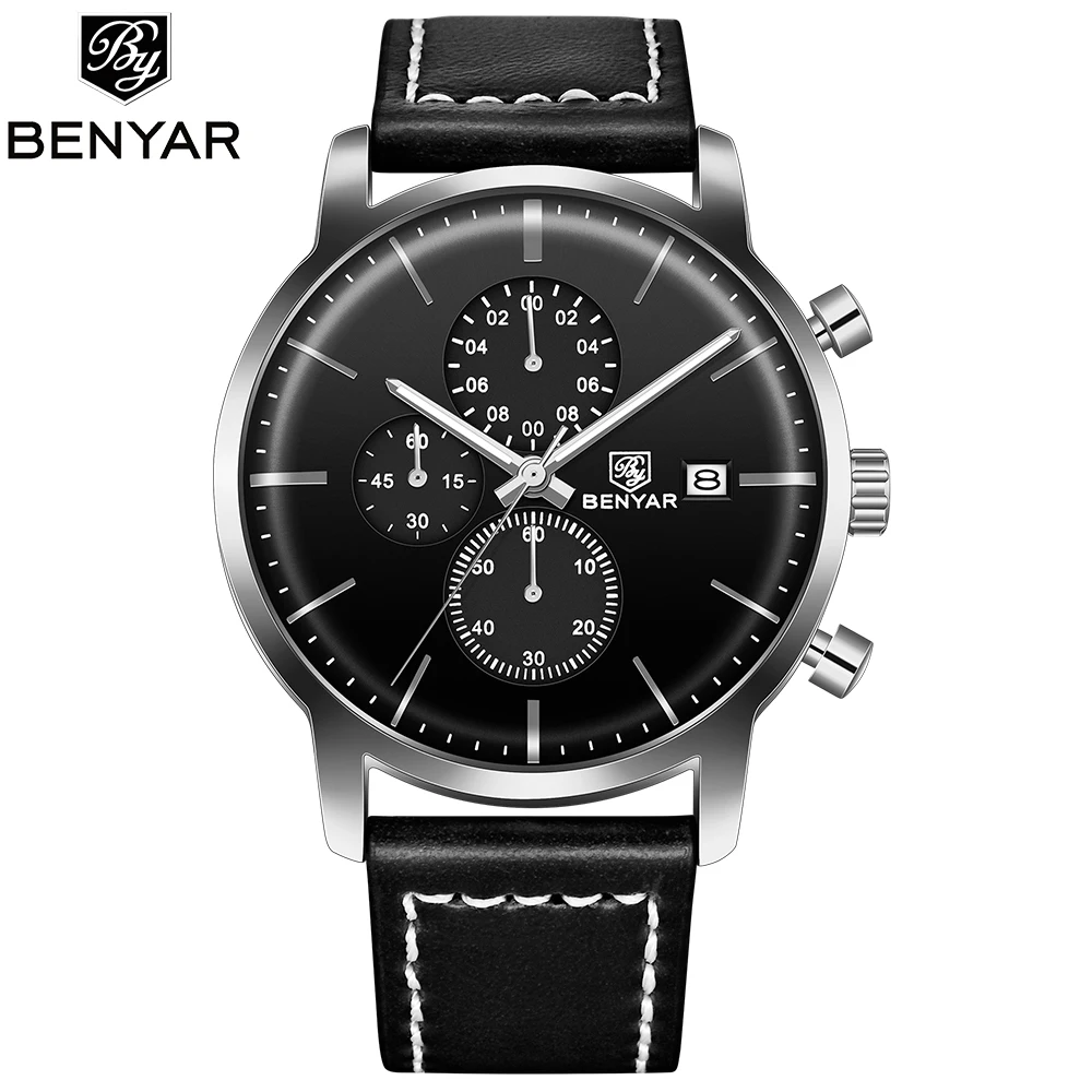 Relojes BENYAR мужские часы модные хронограф Топ бренд класса люкс Бизнес Кварцевые часы мужские s кожа водонепроницаемые спортивные часы