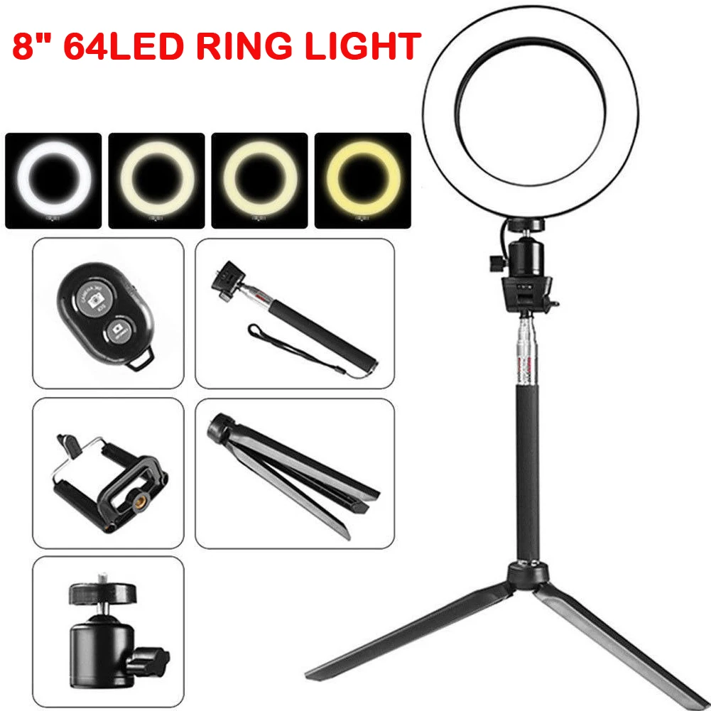 8 "светодиодный кольцевой светильник с подставкой для штатива, осветительный комплект для камеры, лампа для потоковой передачи, макияж