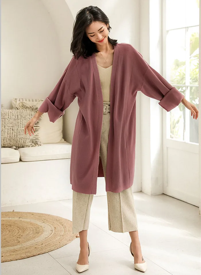 Leather Pink LHZSYY весна и осень Новая женская вязанная куртка модный однотонный длинный кардиган большого размера мягкое Женское пальто - Цвет: Leather Pink