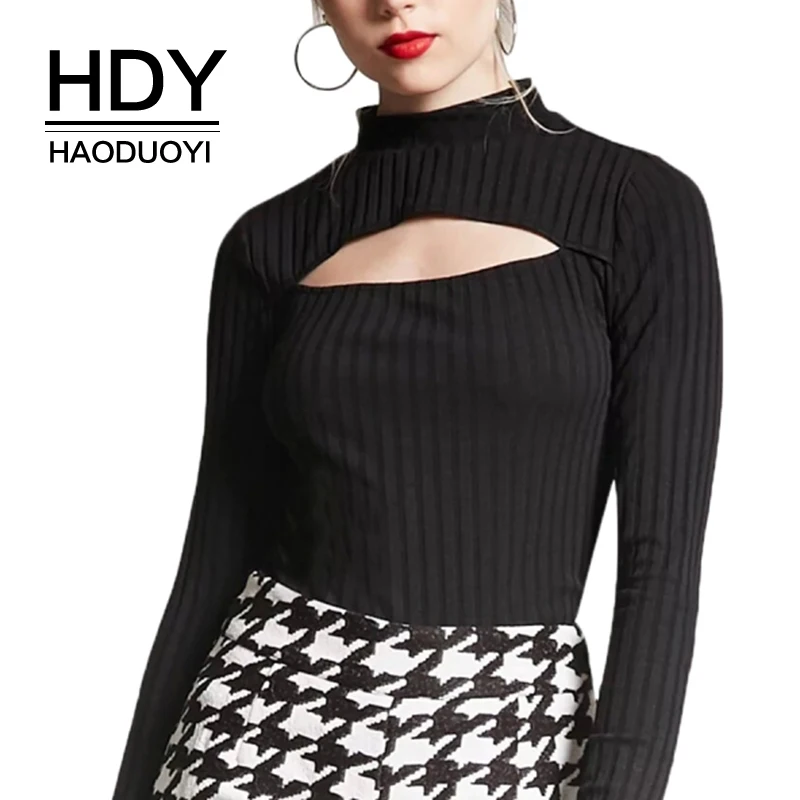 

HDY Haoduoyi Brand 2019 Women Black/Burgundy Sexy T-Shirts Mock Neck Cut Out Casual Tops Female Long Sleeve Fashion Tees Lady