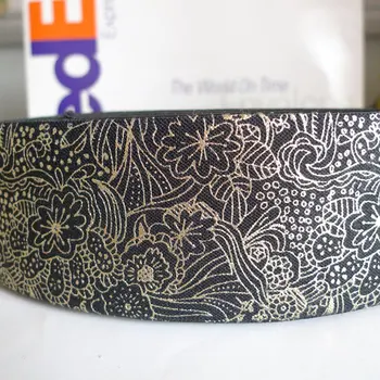 

25 Yards 60mm Flower Pattern Gold Color Silk Printing Elastic Webbing