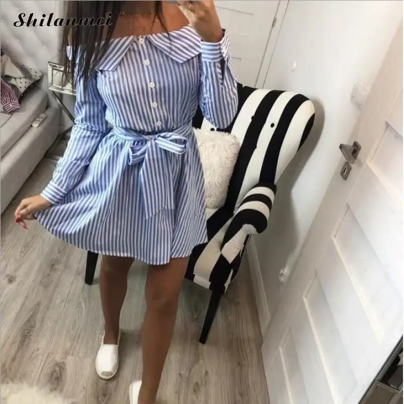 

2019 Casual Women Shirts Dress Elegant Strapless Off Shoulder Striped Dresses Bow Ties Summer Dress Button Down Sexy Vestidos