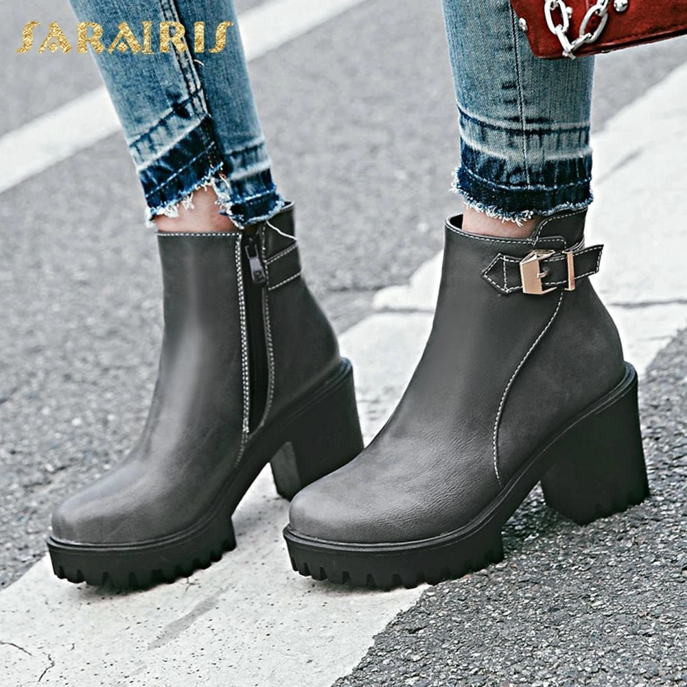 

SARAIRIS NEW Plus Size 33-43 Chunky Heels Zip Up Ankle Boots Woman Shoes Wholesale Hot Sale Add Fur Shoes Woman Boots Female