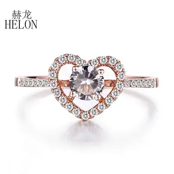

HELON Solid 14K (AU585) Rose Gold Flawles Round Morganite Diamonds Engagement Ring Women Wedding Unique Romantic Jewelry Gift
