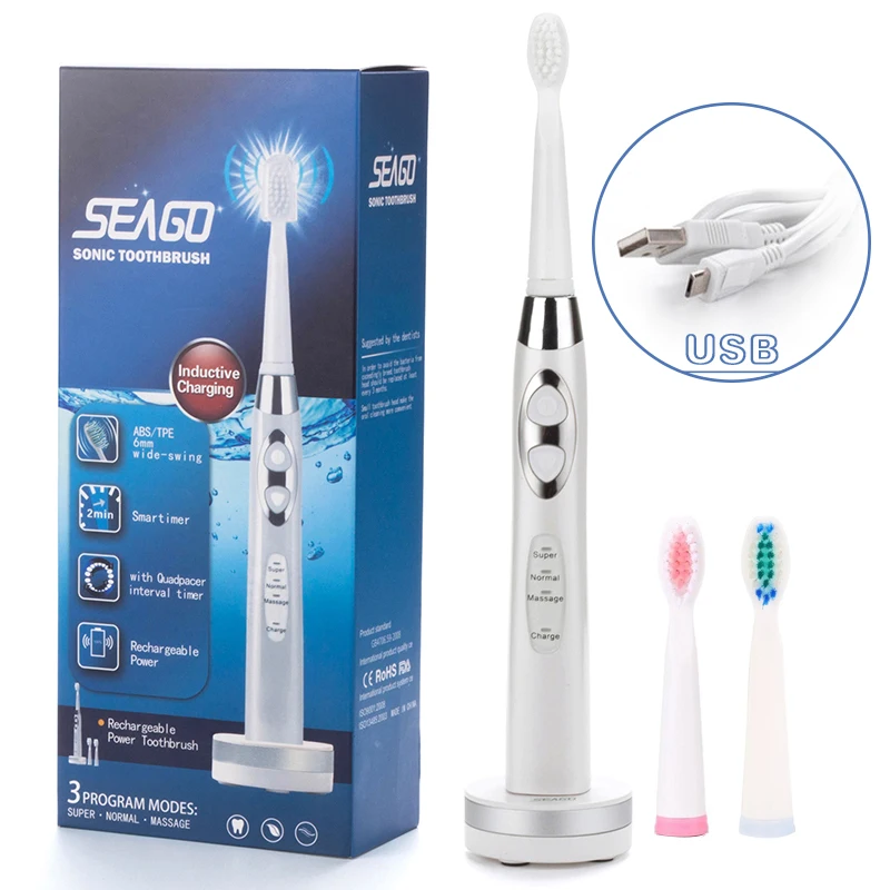 

Sonic Adult Electric Toothbrush with 2 brush Heads Brush Holder Rechargeable Tooth Brush Waterproof IPX7 USB Charging