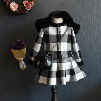 

brand designer children girl plaid long sleeve sweater and knitted pleated skirt kids fall winter clothing set elegant outfit