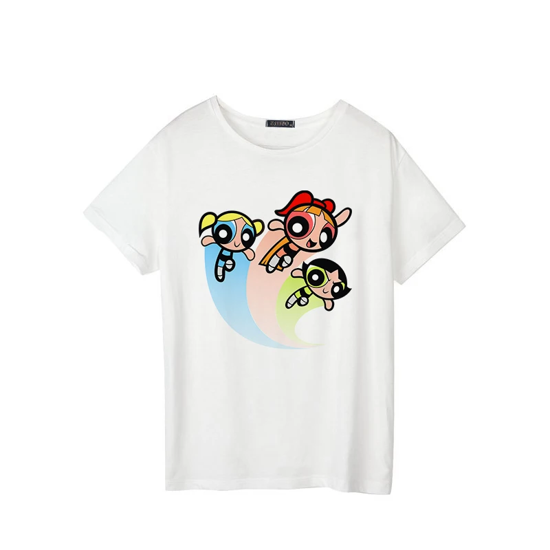 Летняя футболка для девочек с надписью «Powerpuff» Новая модная Милая футболка с короткими рукавами с рисунком из мультфильма «big code S-2XL» Повседневные Забавные футболки - Цвет: 7