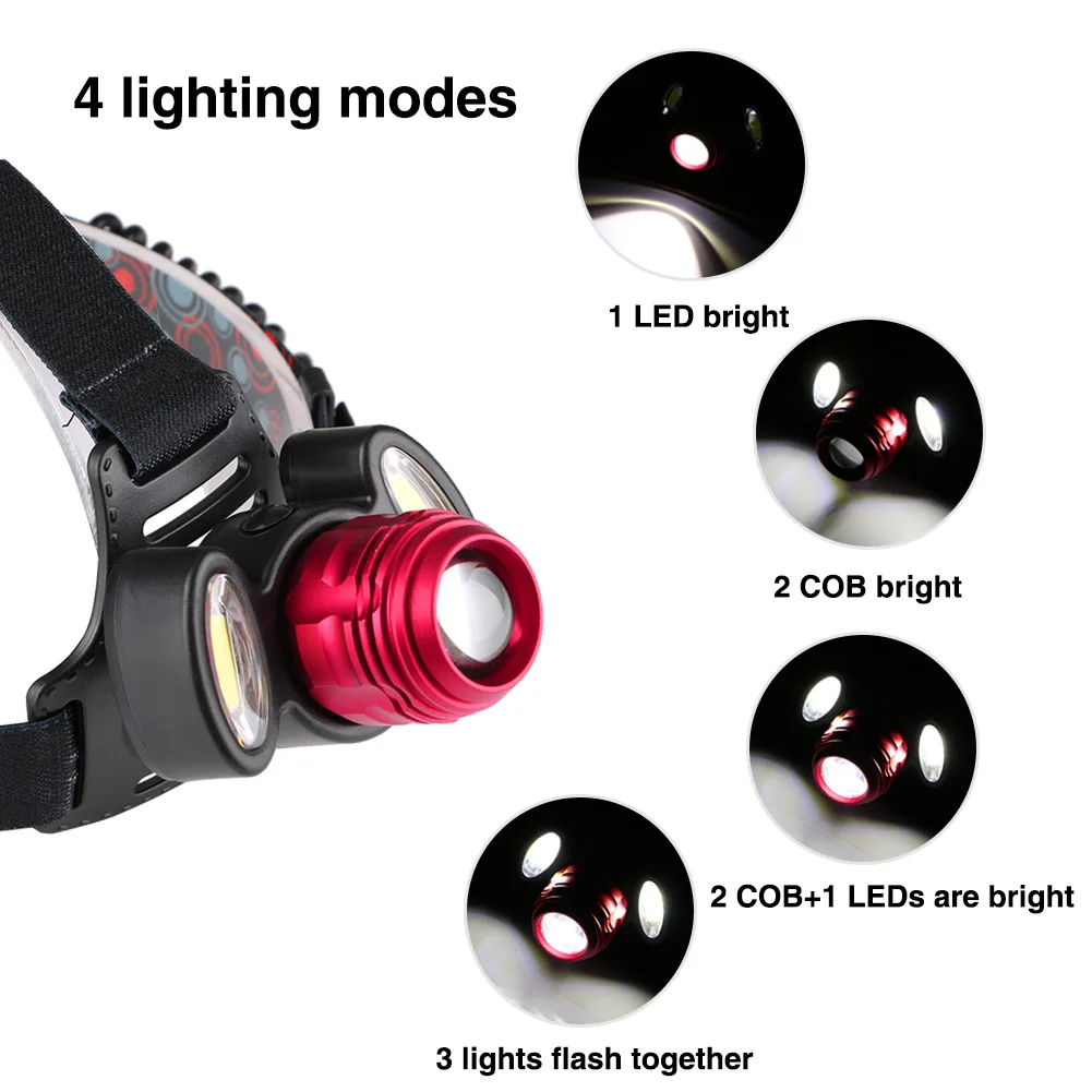 Наружный USB Перезаряжаемый налобный фонарь 4 режима 1* T6+ 2* COB светодиодный налобный светильник для кемпинга освещение для рыбалки, фонарик 2*18650 батареек