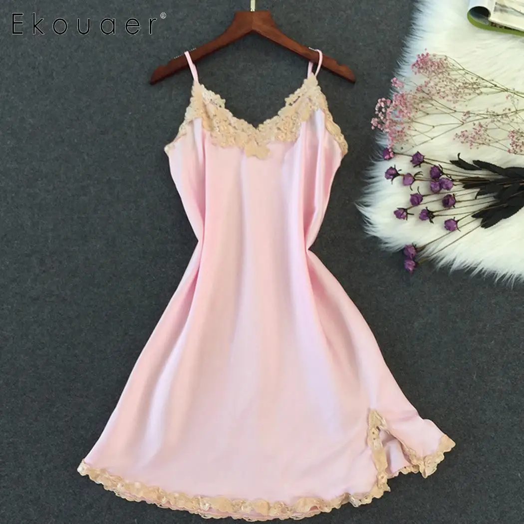 light pink Ekouaer Ночное платье спящее платье для женщин на тонких бретельках кружево Цветочный передний подол Мини Ночная Рубашка домашняя одежда-Ночная сорочка - Цвет: light pink