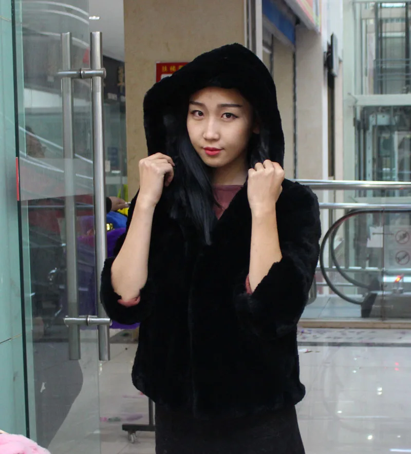 Linhaoshengyue модный настоящий кроличий мех, меховое Женское пальто с кроличьим мехом, капюшон - Цвет: black