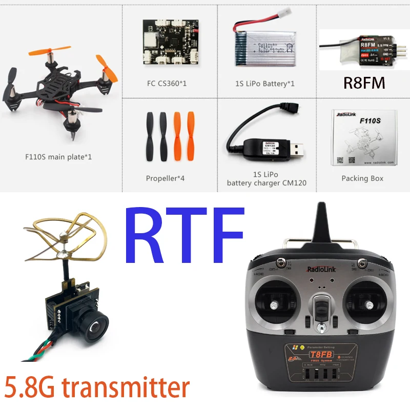 

Radiolink F110S Mini Camera Drone Quadcopter With T8FB CS360 FC R6DSM RX BNF Headless 360degree Throw Fly Auto Parameter Tune