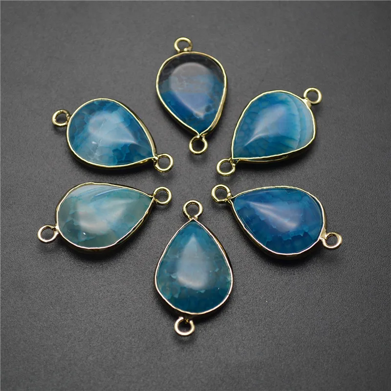 Two Loops Blue Stone Flat Drop Pear Shape Jewelry Connectors 15x28mm