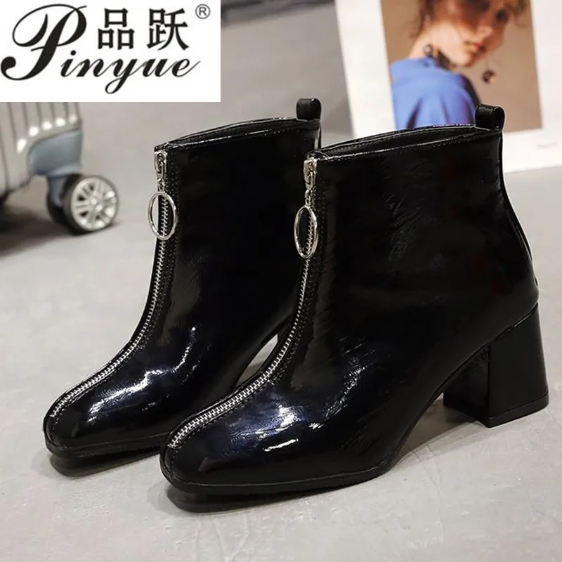 

2018 Brand Zipper Boots Woman Front Big Zipper Open Botas Mid-Calf Botines Winter Thick High Heels Patent Leather Martin Booties