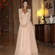 Длинные рукава Формальные платья знаменитостей А-силуэт глубокий v-образный вырез тюль кристаллы сексуальные длинные вечерние платья знаменитые Красные ковровые платья