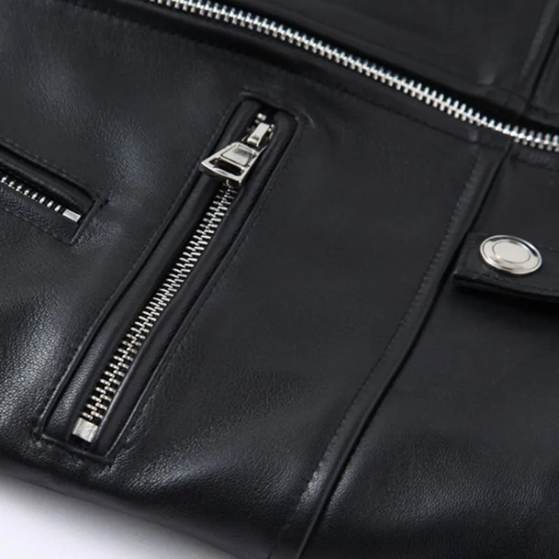 Мужская байкерская куртка из натуральной овчины Черная с отложным воротником и