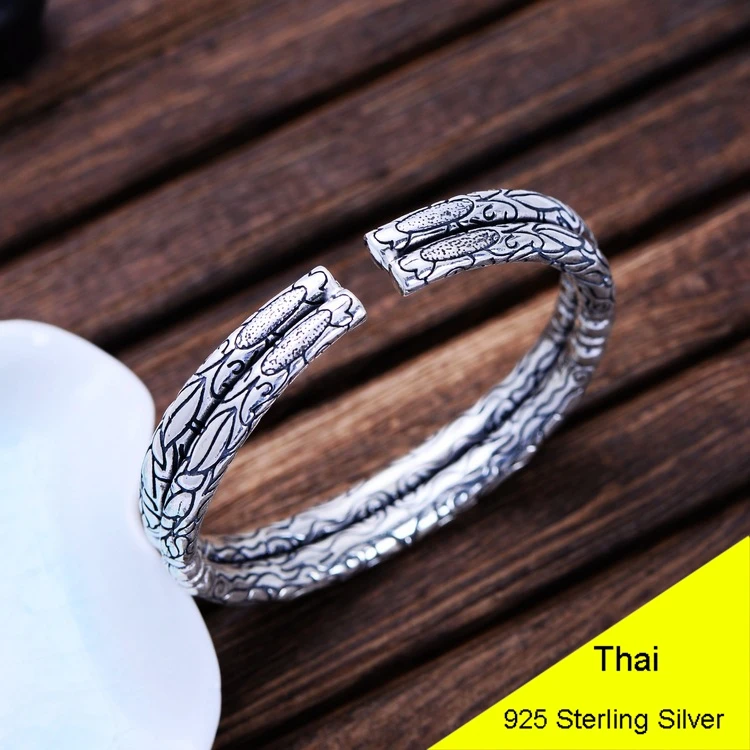 

925 Sterling Silver Vintage Thai Retro Men Women Palace Carved Double Layer Open Bracelet Bangle Jewelry CH057018