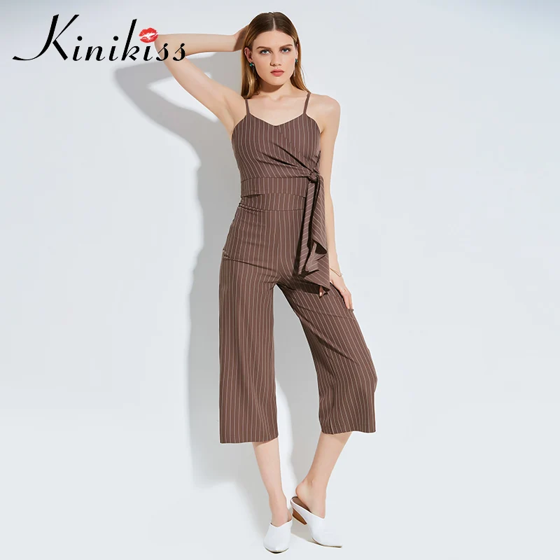 Kinikiss Women Summer Striped Suits Slim Sleeveless Strap Cami Wide