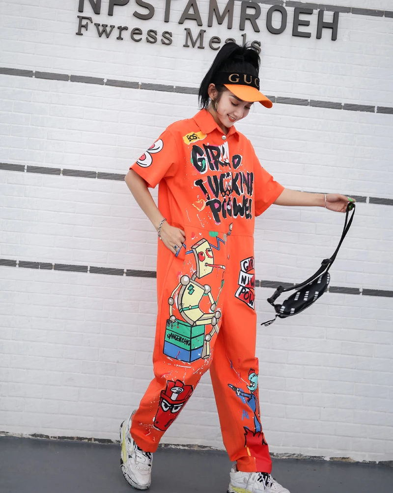 Женский комбинезон с коротким рукавом, с рисунком граффити, с отложным воротником, цельный комбинезон, с отложным воротником, штаны в стиле хип-хоп