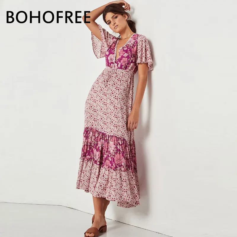 BOHOFREE богемное длинное платье с цветочным принтом женское макси v образный вырез