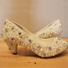 Fashion Shoes for Party ceremony Imitation Pearl Wedding Bridal Shoes middle heel 2 Inches Handmade Girl Formal Dress Shoes