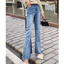 NORMOV новые корейские женские осенне-зимние джинсовые расклешенные брюки Брюки Полная длина пуговица рваные облегающие хлопковые уличные джинсы