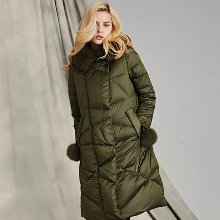 Высокое качество зимняя женская белая куртка-пуховик с гусиным пухом Роскошная теплая элегантная женская куртка с большим меховым воротником и капюшоном AO737 - Цвет: Армейский зеленый