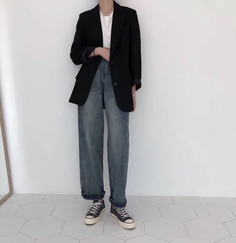 Women High Waist Tassel Wide Leg Jeans Casual Loose Wide