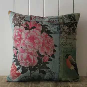 

LINKWELL Brand 45x45cm Retro Pink Flower and Bird French Country Style Decor Decorative Pillow Case Burlap Sofa Cushion Cover