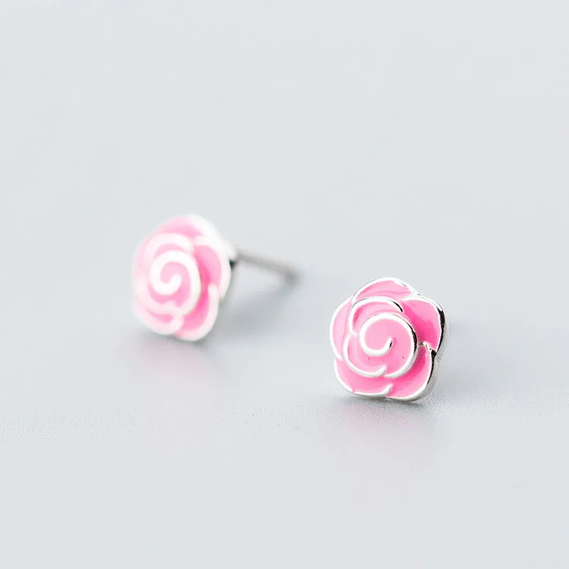 

Modern Pink Rose Flower Solid 925 Sterling Silver Studs Earrings