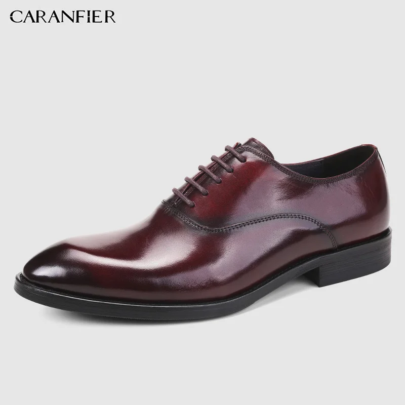

CARANFIER Mens Shoes Genuine Leather Round Toe Lace-Up High Quality Business Basic Solid Color Breathable Male Dress Shoes