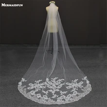 Один Слои с кружевной аппликацией покроя Свадебная Фата с расческой свадебные Белое свадебное платье с длинным рукавом, фатин свадебная фата Фата, свадьба